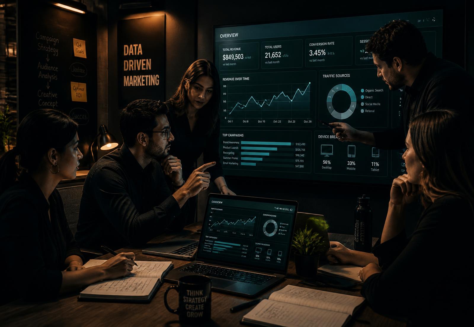 AdStation Media team reviewing digital advertising campaign performance dashboards
